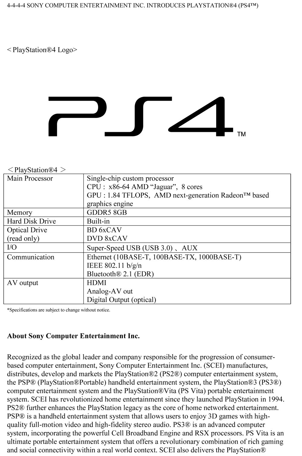 PS 4 specifiche