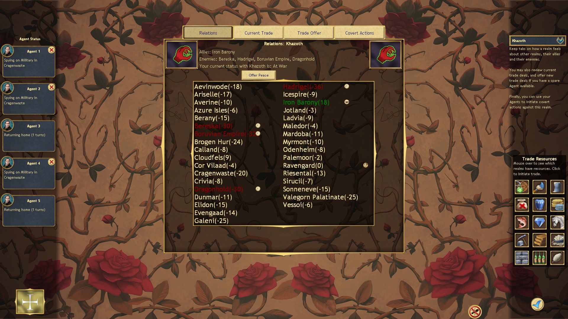 La schermata che ci mostra i rapporti diplomatici con i vari regni