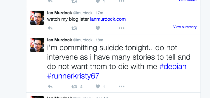 Ian Murdock post su twitter sul suicidio