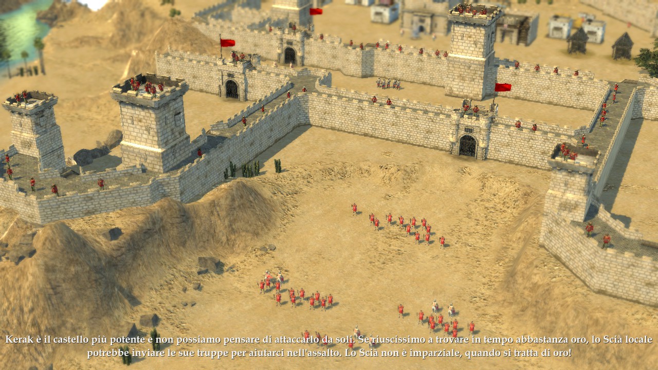 Lord Reynald (Reginaldo di Chatillon) controlla la parte destra della mappa dall'imponente fortezza di Kerak. Con un solo fiumiciattolo tra noi ed il temibile Crociato, dobbiamo affrettarci per mettere su difese ed eserciti per tenergli testa