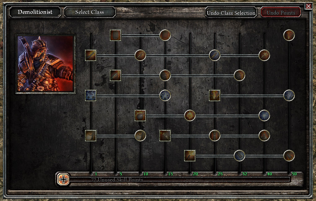 L'albero delle abilità (Skill Tree) del Demolitore, una delle sei classi disponibili in Grim Dawn